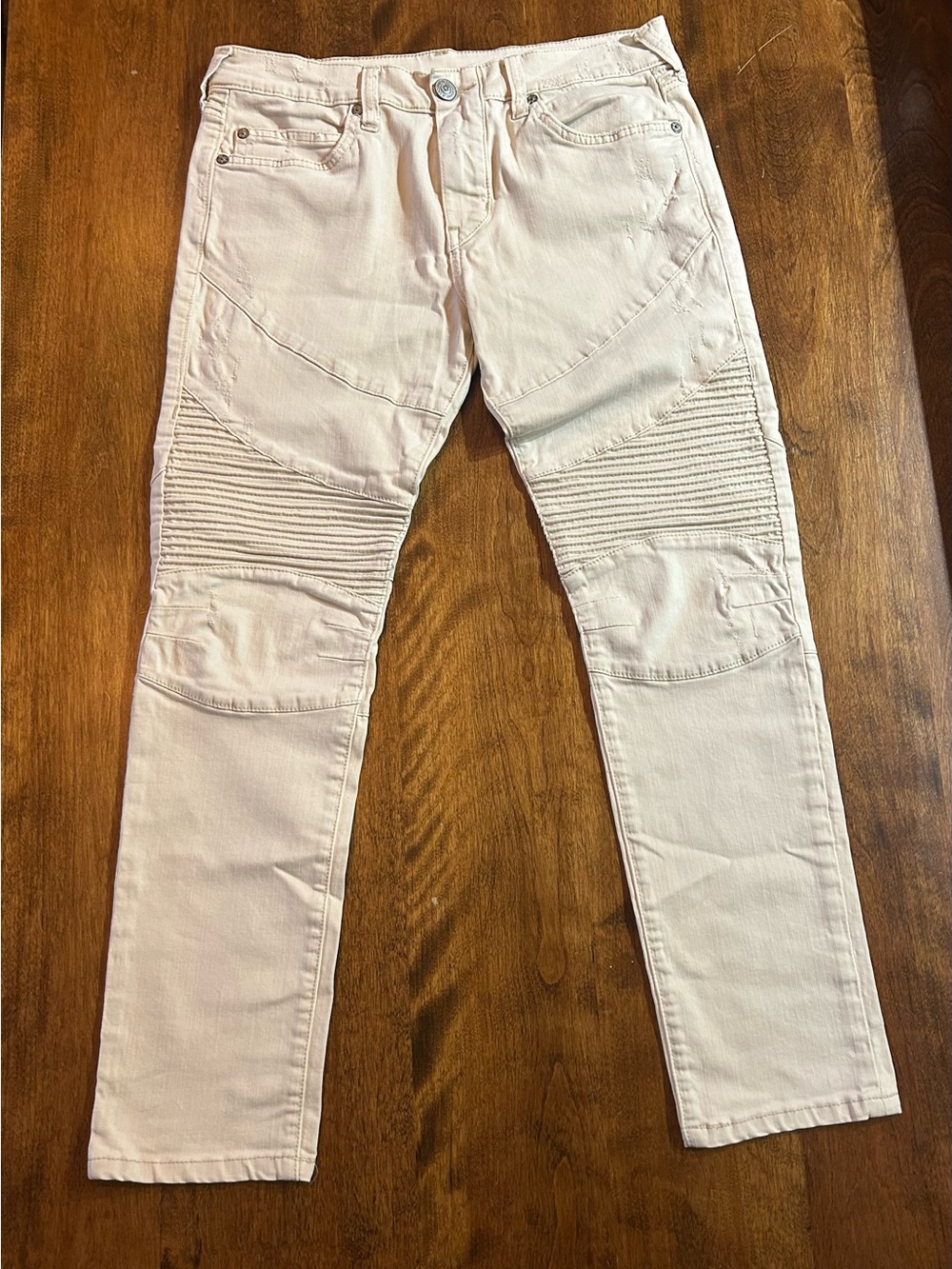 True Religion Rocco Moto Jeans - Light Beige Relaxed Skinny Y2K